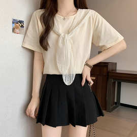 蕾丝拼接披肩短袖t恤女夏新款大码家谅解设计感小众百搭显瘦T恤女