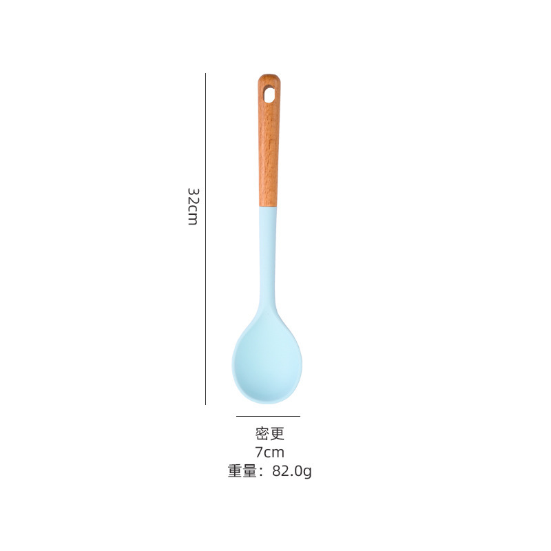 Suministros de cocina Mango de madera de silicona sartén antiadherente europea Espátula de silicona Juego de 10 piezas Juego de utensilios de cocina azul resistente a altas temperaturas