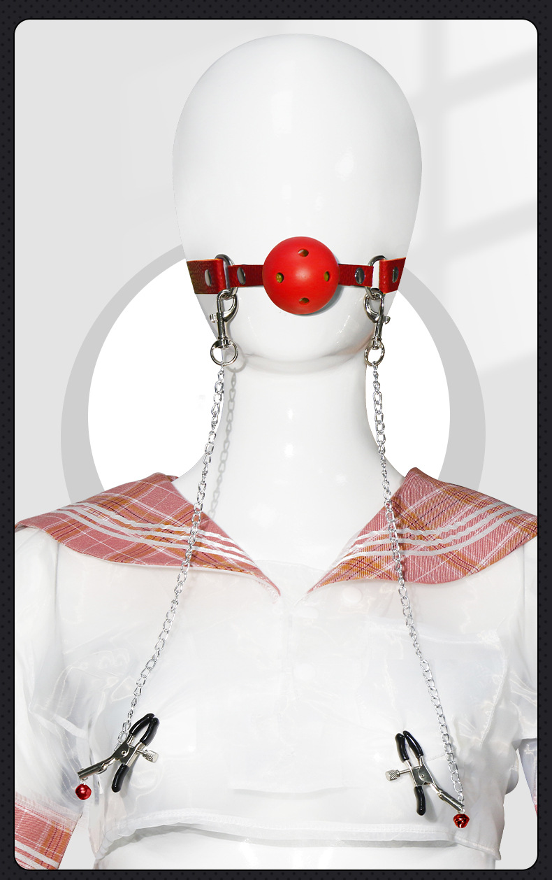 SM Mouth Gag and Nipple Clamp Set in Black Leather and Metal for Adult Bondage Play — detail image 11