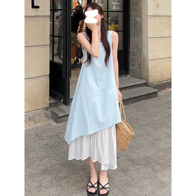 Blue Sleeveless Vest Dress for Women, Summer 2026 New Style, French Style, High-End, Seaside Vacation Long Dress