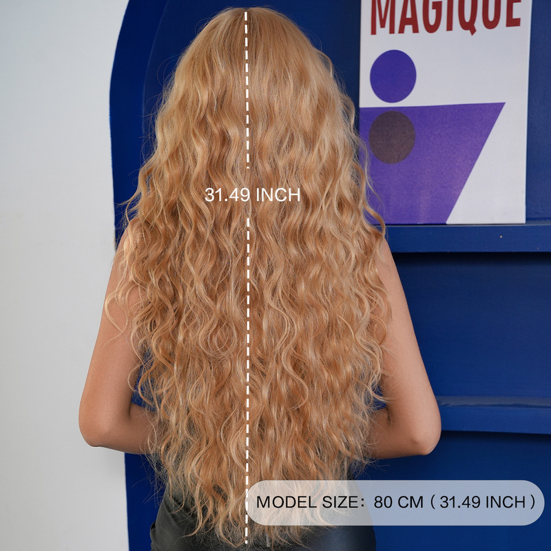 ヨーロッパとアメリカの人気の女性用ゴールデンウィッグ、ロングカーリーヘア、高温シルク、高品質化学繊維、パーティーステージパフォーマンスウィッグ、フルウィッグ|undefined