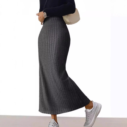 2025 Western European Cross-Border Spring New High-Waisted Knit Mini Skirt with Side Slit Long Dress for Women