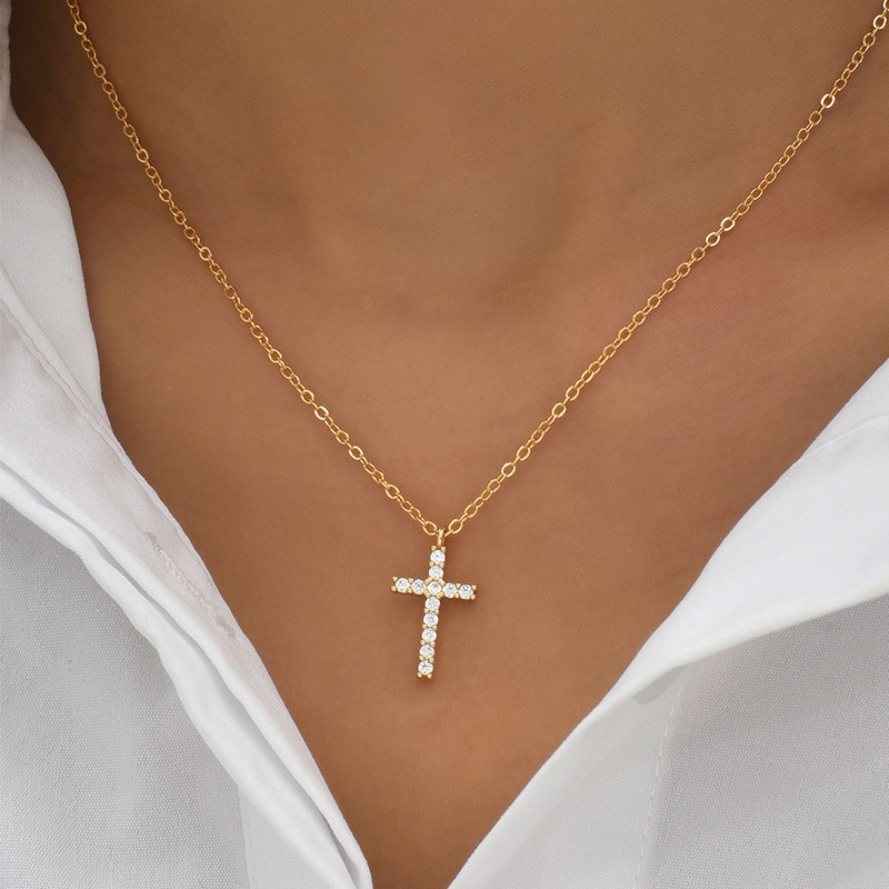 Cross-Border Zircon Cross Pendant Bone Chain Female Stylish Accessible Luxury Ins Style Versatile Jewelry A4746