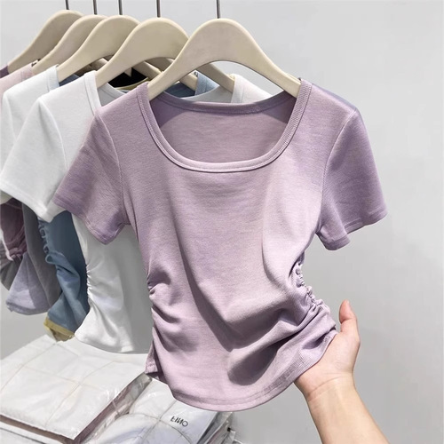 Women's Summer 2025 Purple Short Sleeve T-shirt Square Collar Fitted Pure Color Waist-baring Short Top Bodysuit