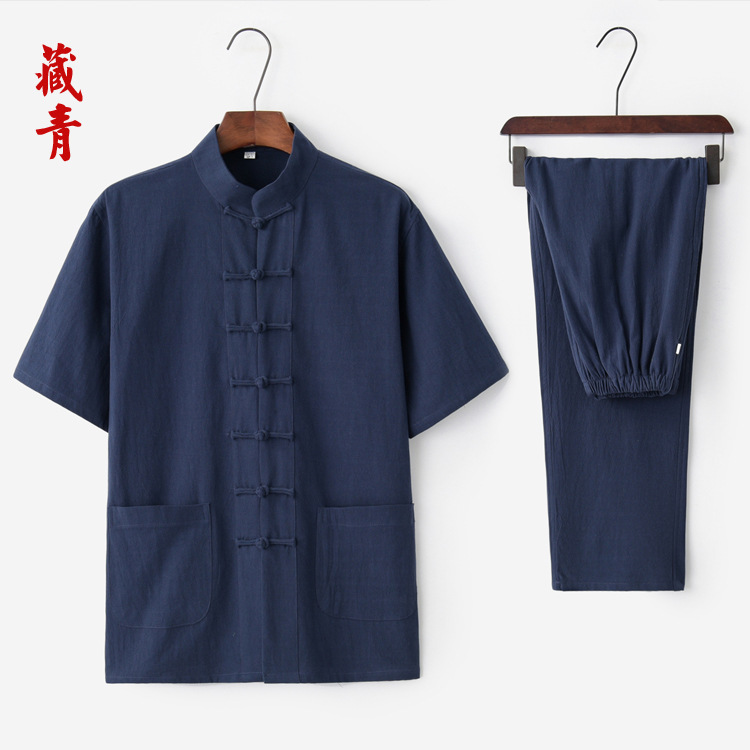 2019 nuevo verano algodón y lino traje Tang traje de manga corta ropa de Tai Chi para hombres de mediana edad y ancianos ropa Zen ropa de té ropa Ju Shi