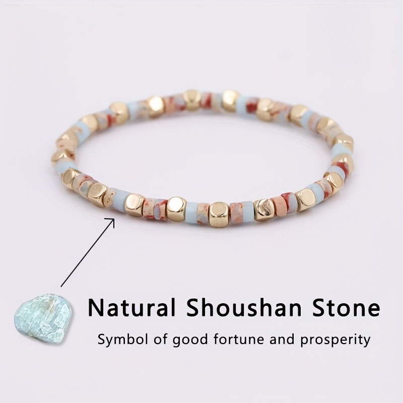 Bohemian Style Bracelet with Shoushan Stone 2*4 Beads, Abacus Beads, Elastic String, New Amazon Product, African Stone
