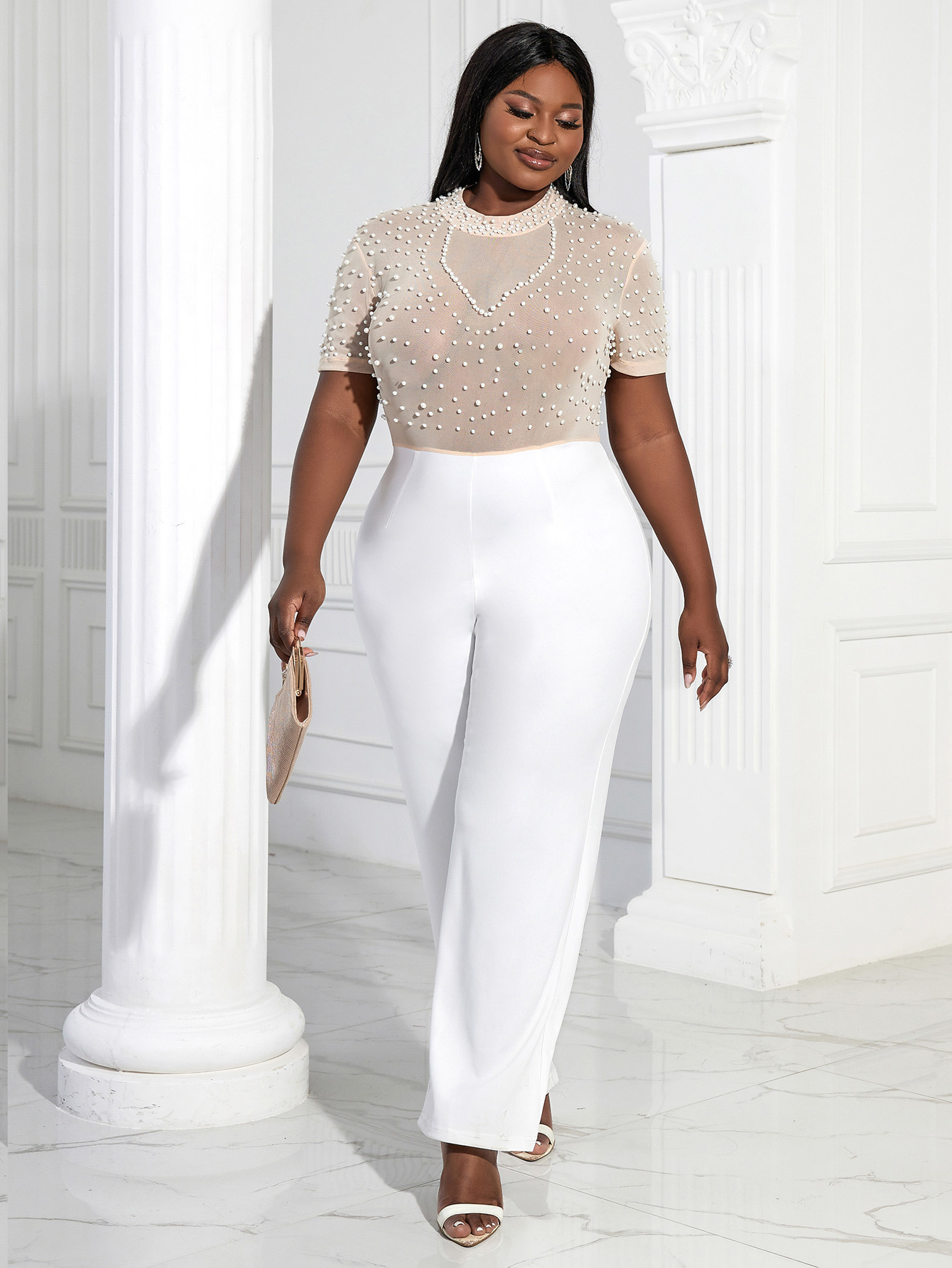 Women's Clothing Round Neck Short Sleeve Beaded Jumpsuit Casual Style High Waist Slim Party Dress Jumpsui_voghion.com