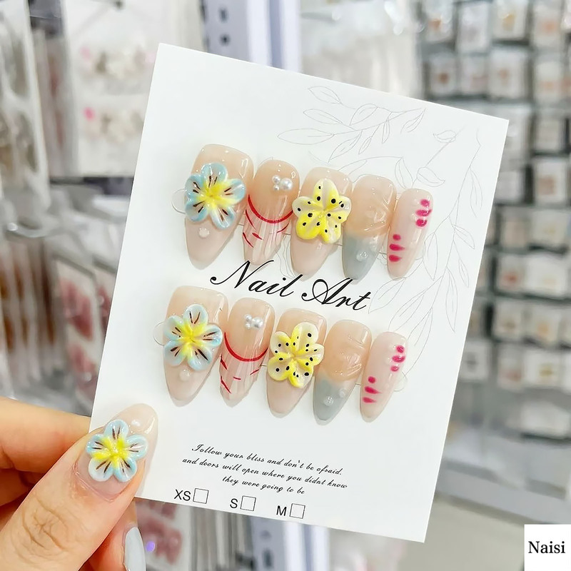 Cross-Border Rhinestone 3D Embossed Wearable Nails, Hand-Embellished with Diamonds, Summer Floral Nail Art, Nail Tips Factory Wholesale