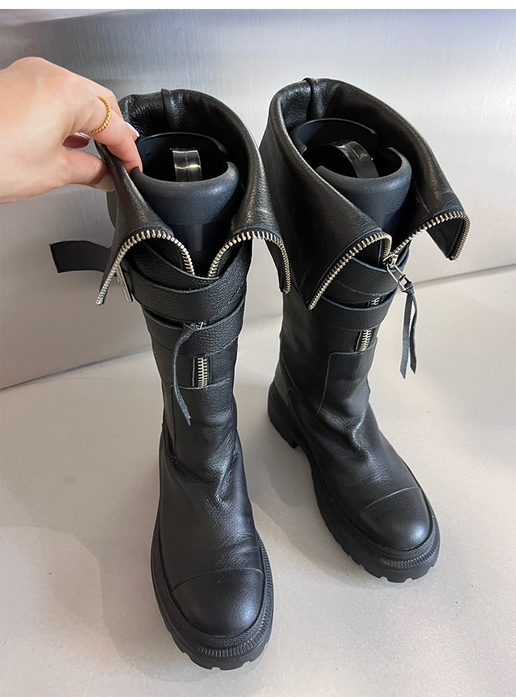 Women's Martin Boots, Made Of Genuine Leather, Knee-high Design, With Belt Buckles, Thick Soles, Suitable For Motorcycle Riding, High-top Style._voghion.com