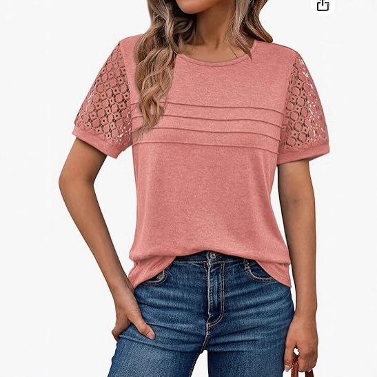 Amazon Women's Short-Sleeved T-Shirt with Colorful Cotton and Lace Splicing, 3D Effect, Commuter Style, Loose and Elegant Top
