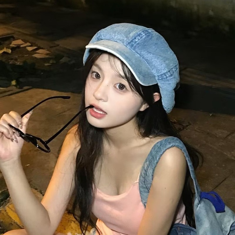八角帽女春秋新款大头围帽子云朵贝雷帽显脸小百搭水洗牛仔报童帽|undefined