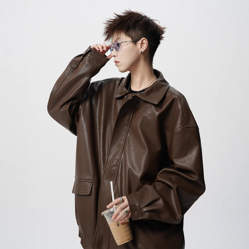 American high arcade motorcycle leather jacket for men in spring heavy retro lapel leather jacket cleanfit versatile couple jacket