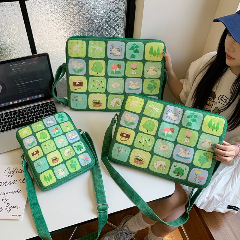 Cute Dopamine Color Cotton-Filled Embroidered Anti-Fall and Shockproof Computer Bag 14/ 15inch Notebook Plaid Handbag