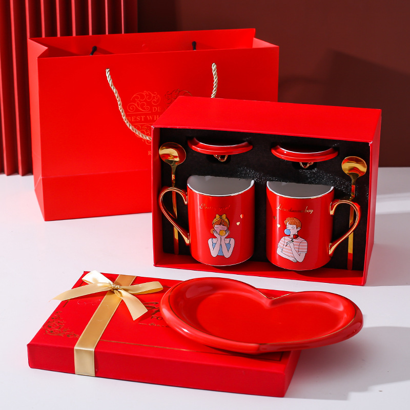 Boda pareja Copa par caja de regalo traje de boda Taza de cerámica par taza regalo festivo regalo