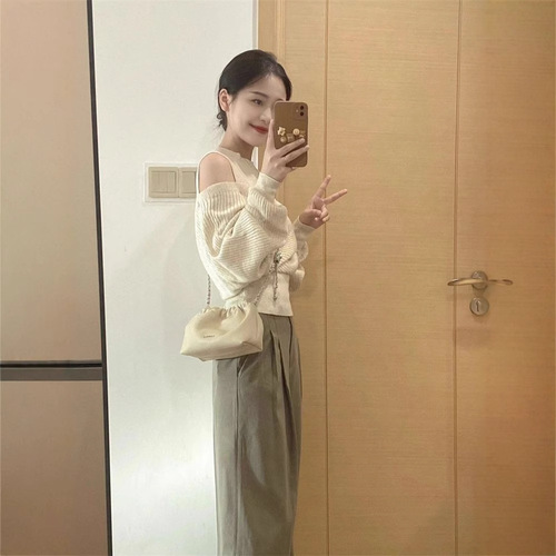 Sweet and Spicy Off-the-Shoulder Knit Sweater for Women - Autumn/Winter Outerwear, Intersecting Irregular Long-Sleeve Cardigan with Stunning Design, Perfect Base Top