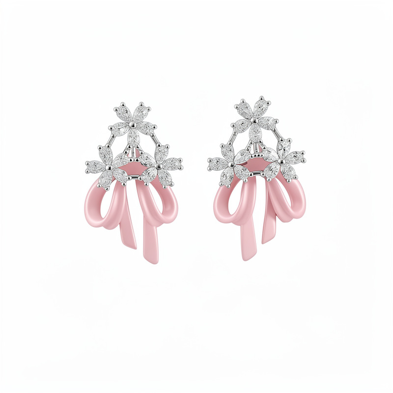 Aguja de plata goteando aceite de zircon flores arco pernos temperamento moda aretes dulces ligero lujo alta sensación de auriculares al por mayor