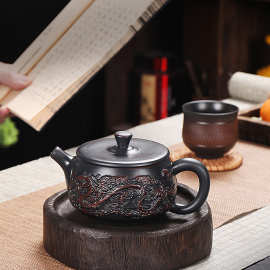 德化紫陶全手工跳刀纹凤鸣井栏壶家用茶具套装单人茶壶复古紫陶壶