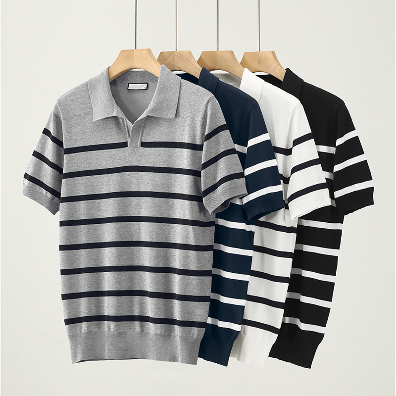 Polo camiseta de punto camiseta de manga corta camiseta de hombre cuello en V gaviota cuello rayas viejas líneas de viento de verano fábrica transfronteriza mayorista