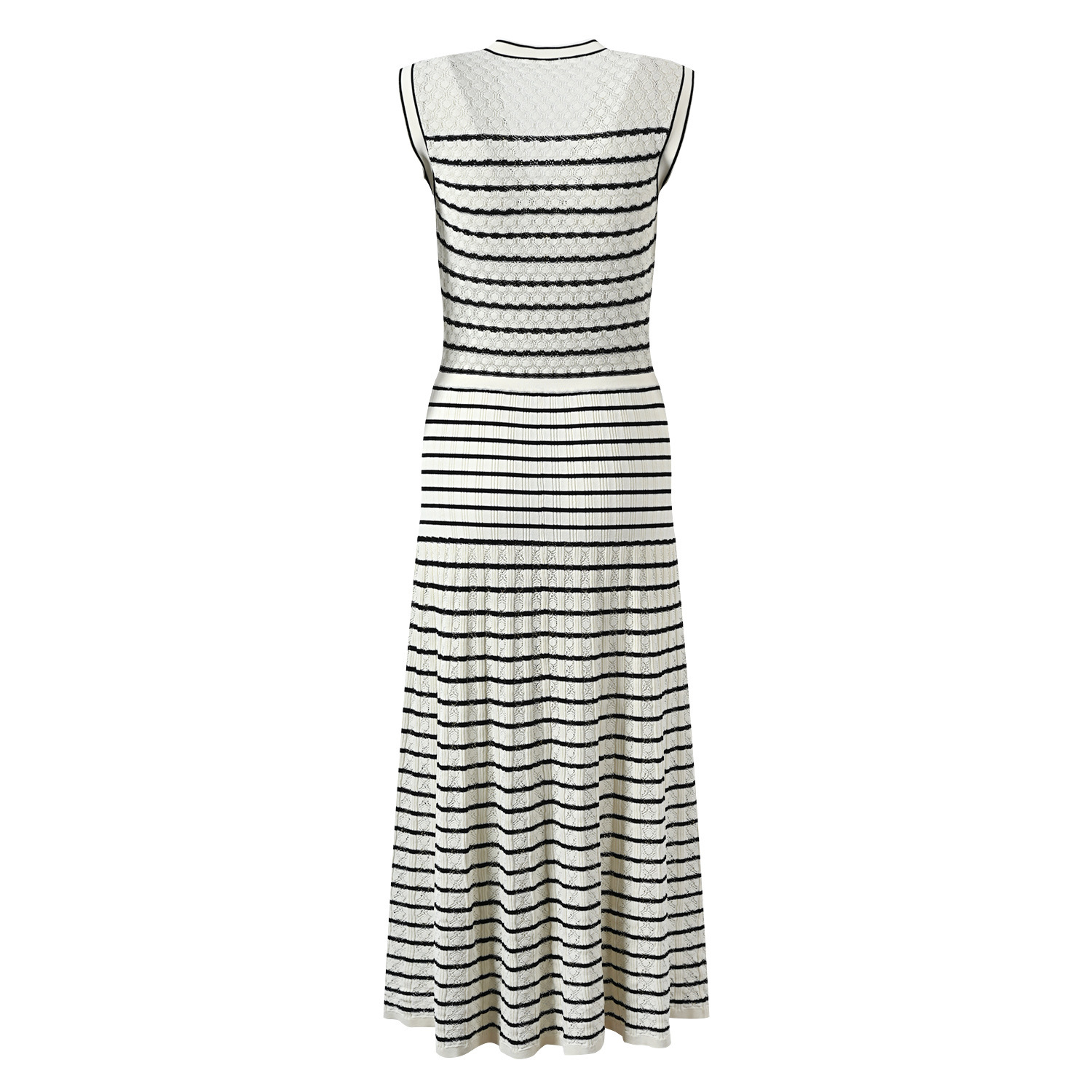 Women's Clothing Spring Summer Women's Sleeveless Long Knit Dress French Style Openwork Color Block Striped V Neck Elegant Bestseller_ecoleips.com