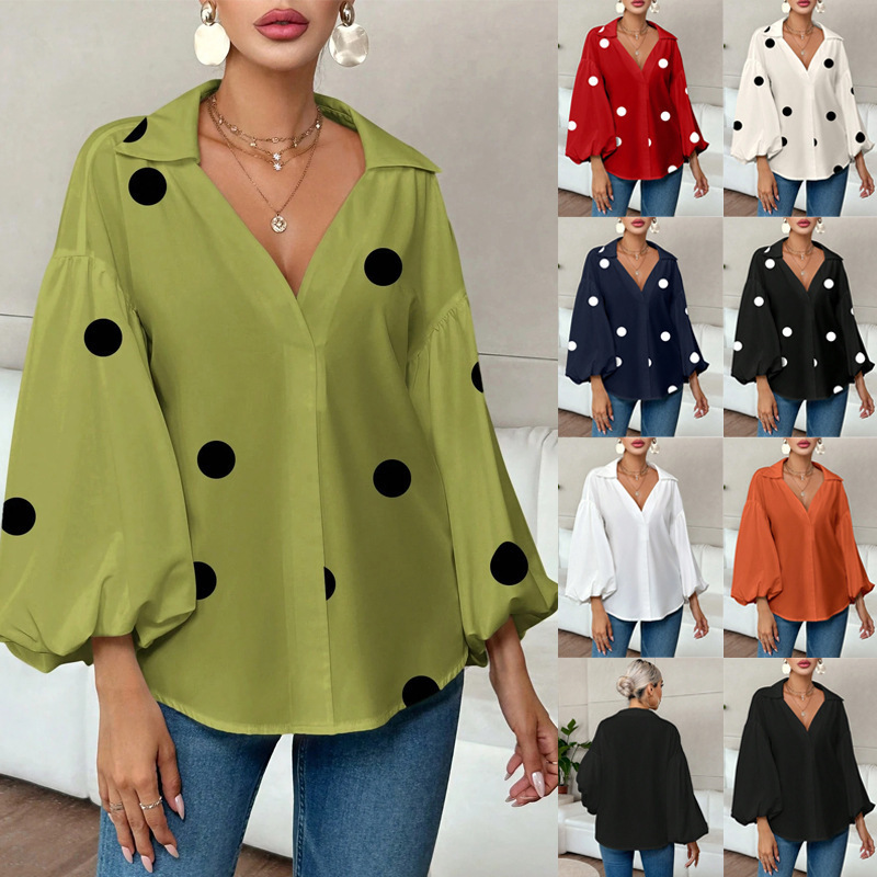 2026 Cross-Border Amazon New Niche Fashionable French-Style Polka Dot Half-Open Collar Design Loose Puff Long-Sleeve Top