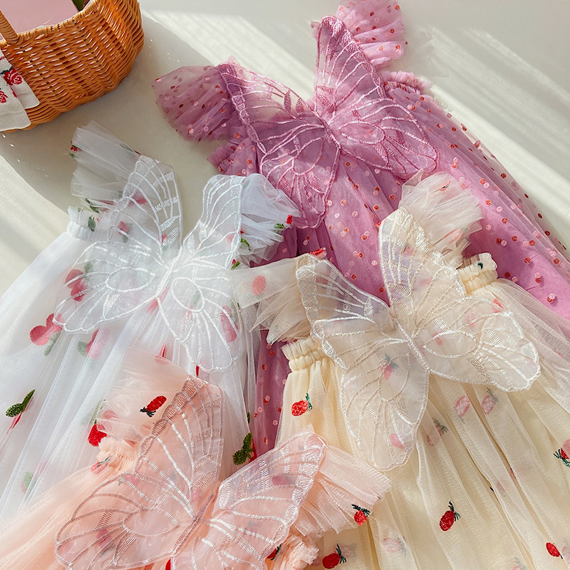 Estilo coreano manga voladora alas tridimensionales vestido de niña 2024 verano polka dot bebé niña vestido de malla mullido vestido de princesa