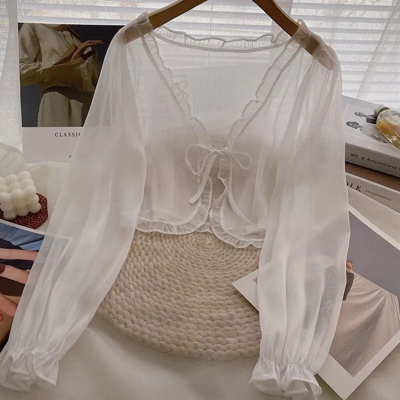 サスペンダースカート付きショール、ブラウス、シフォンカーディガン、女子学生夏用日焼け止め服、スーパーフェアリーショートスタイル|undefined