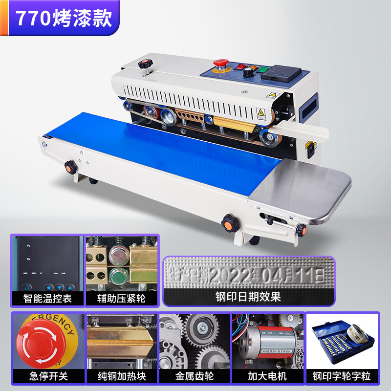 Máquina de sellado continuo automático para bolsas de aluminio comerciales de té, bolsas de papel y plástico, máquina de sellado térmico, fecha de impresión de acero, fecha de impresión de tinta