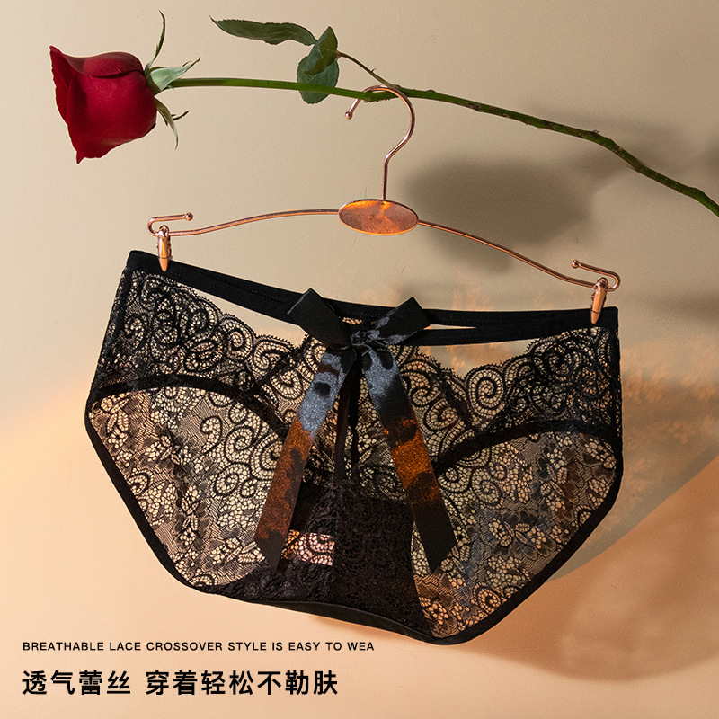Negro sexy encaje puro quiere viento cintura encaje niñas arco negro encaje algodón inferior entrepierna ropa interior cómoda