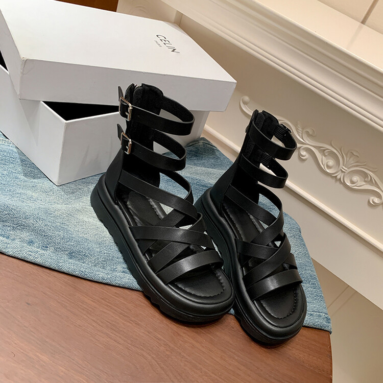 Sandal đế dày nữ da bò quai chéo hở ngón cao cổ mùa hè — Màu đen, Màu trắng be chi tiết 10