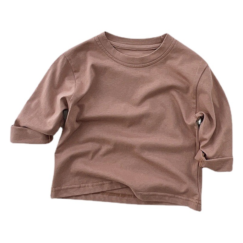 Camiseta retro de cinco colores ~ 2024 primavera y otoño niños y niñas todo partido de algodón de color sólido para niños bebé estilo coreano Mori Fashion