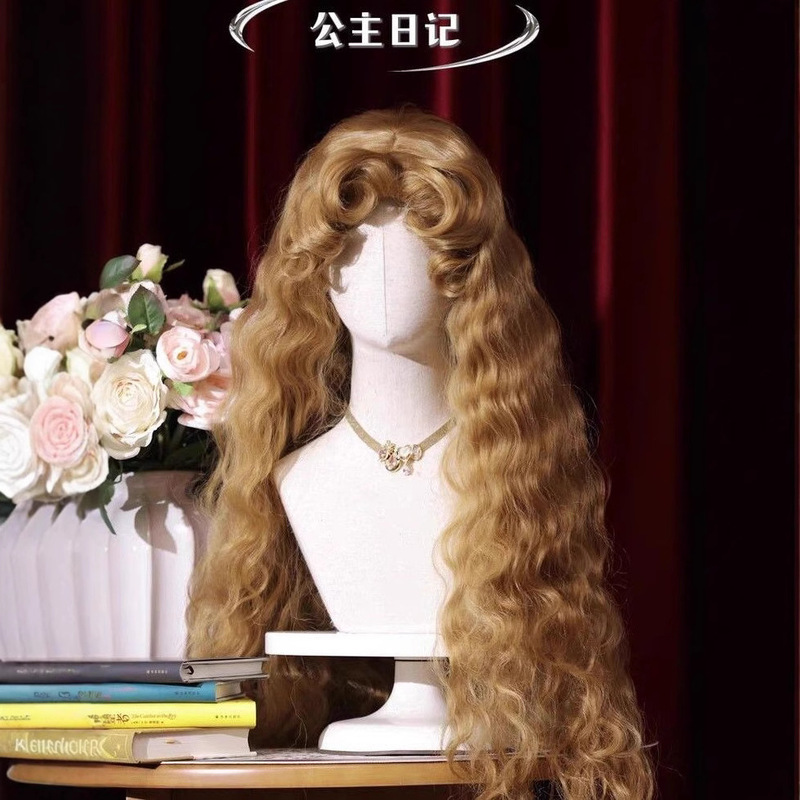 Princess Diary-Wig Female Golden Brown French Fluffy Wool Curl Lolita Wig Gorgeous Retro Full Headgear