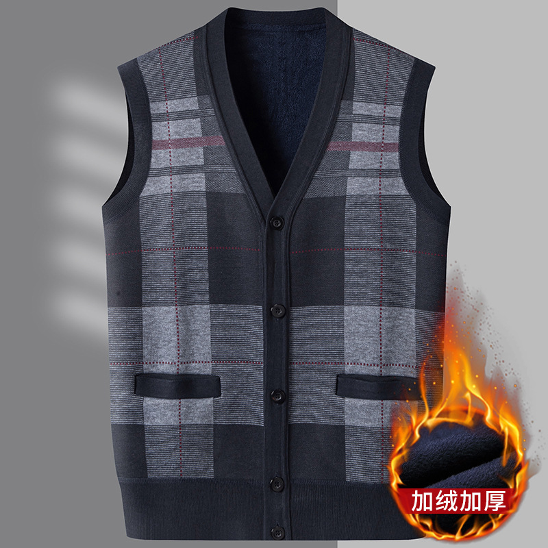 Autumn and Winter Velvet Casual Dad's Plaid Vest Pullover Loose Middle-Aged and Elderly Sleeveless Waistcoat Sweater Vest