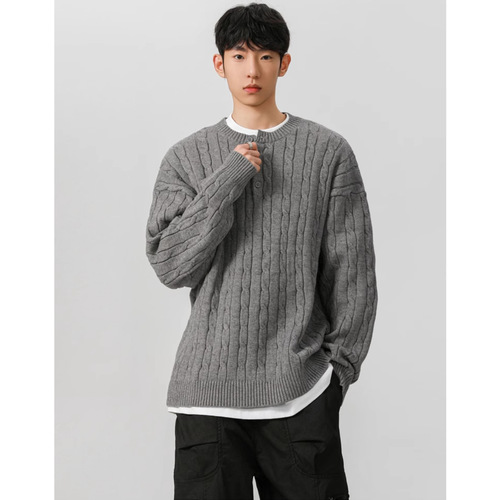 Henry Long-Sleeve Knit Sweater Men's Cable Knit Spring and Autumn Base Shirt Outerwear Casual Business Foreign Trade Cross-Border Wholesale