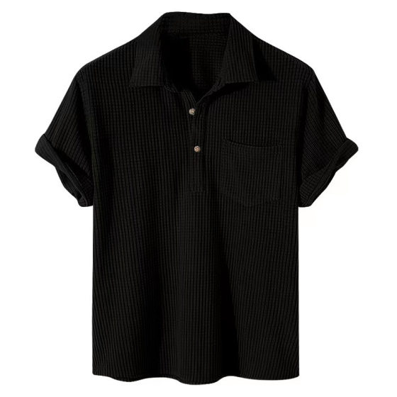 Cross-border Men's 2023 Foreign Trade Summer Hong Kong Style Waffle Simple Solid Color Single-breasted Lapel Men's Shirt Top