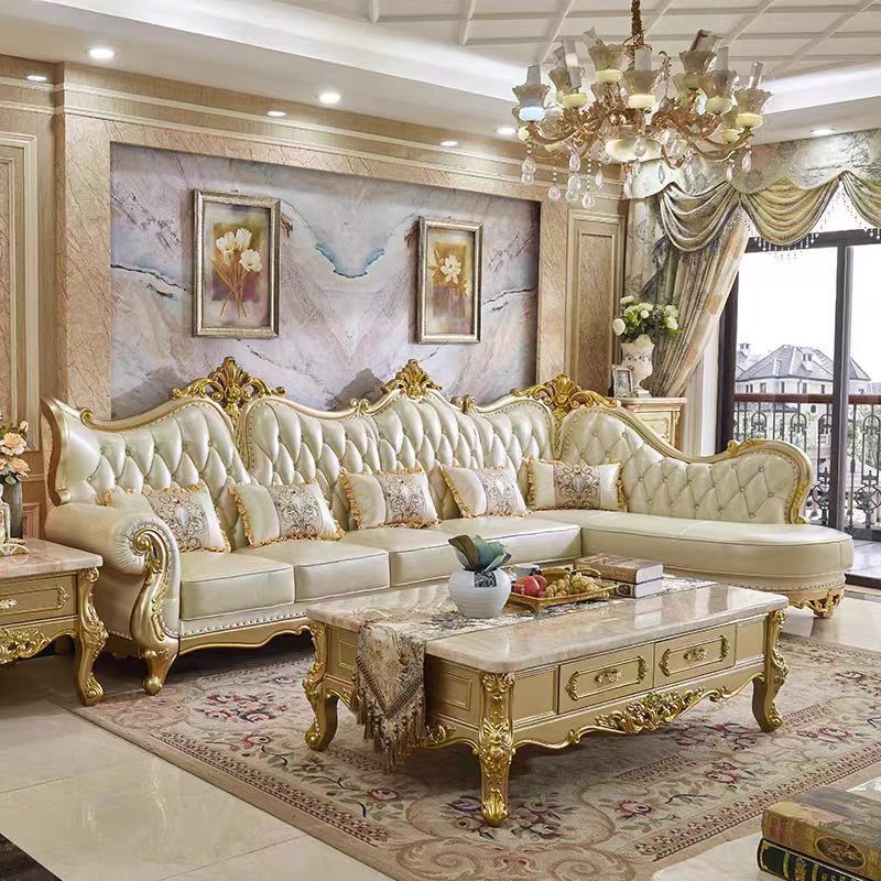European-Style Top-Layer Genuine Leather Sofa Set for Villa Luxury Living Room, Light Luxury High-End Solid Wood Carved Corner Complete Set