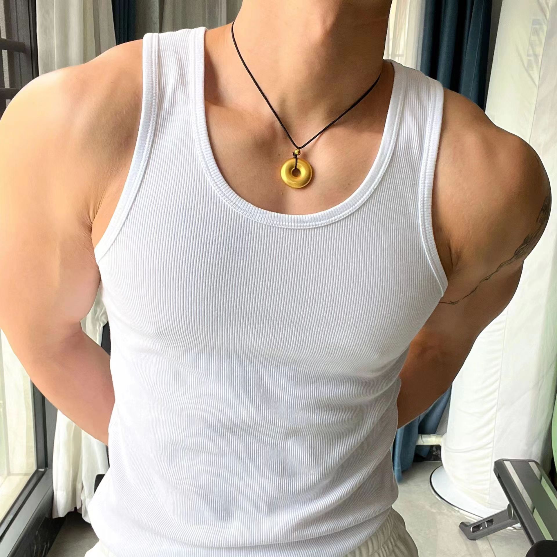 Hielo grueso hilo delgado elástico chaleco deportivo de fitness hombre cuello redondo tamaño grande entrenamiento muscular seco rápido transpirable