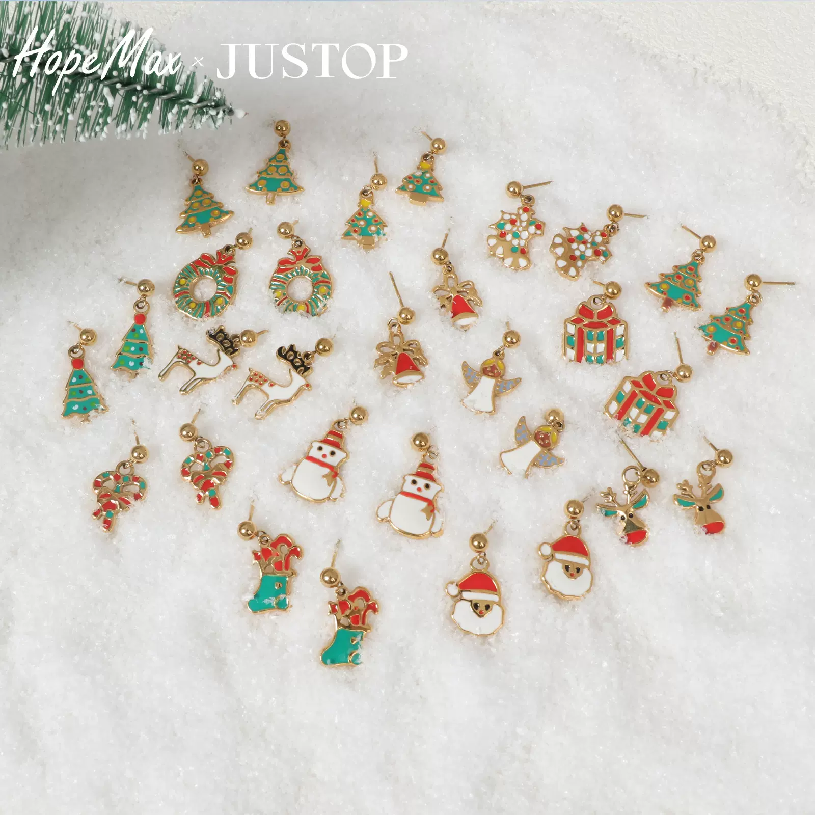 JUSTOP欧美圣诞节饰品圣诞树耳钉圣诞老人耳钉滴油吊坠节日小礼物