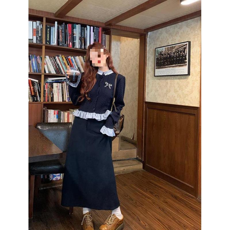 学院风小众假两件蝴蝶结长袖毛衣女装秋季宽松显瘦短款针织衫上衣|undefined