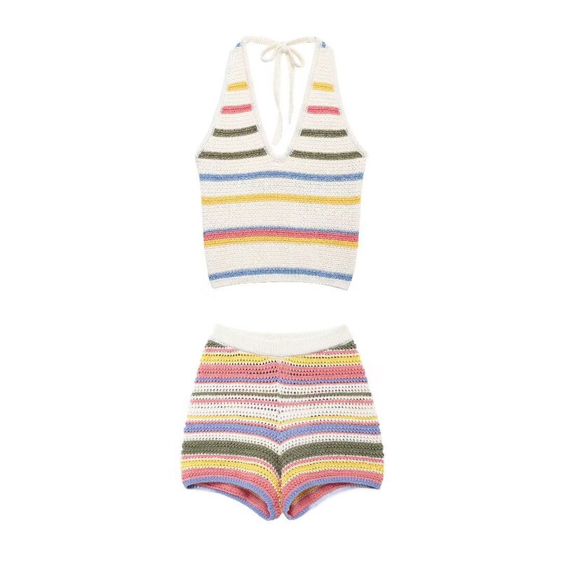 2024 Autumn New Arrival European and American Resort Style Cross-Border Women's Fashion Knitted Crochet Halter Neck Top + Shorts