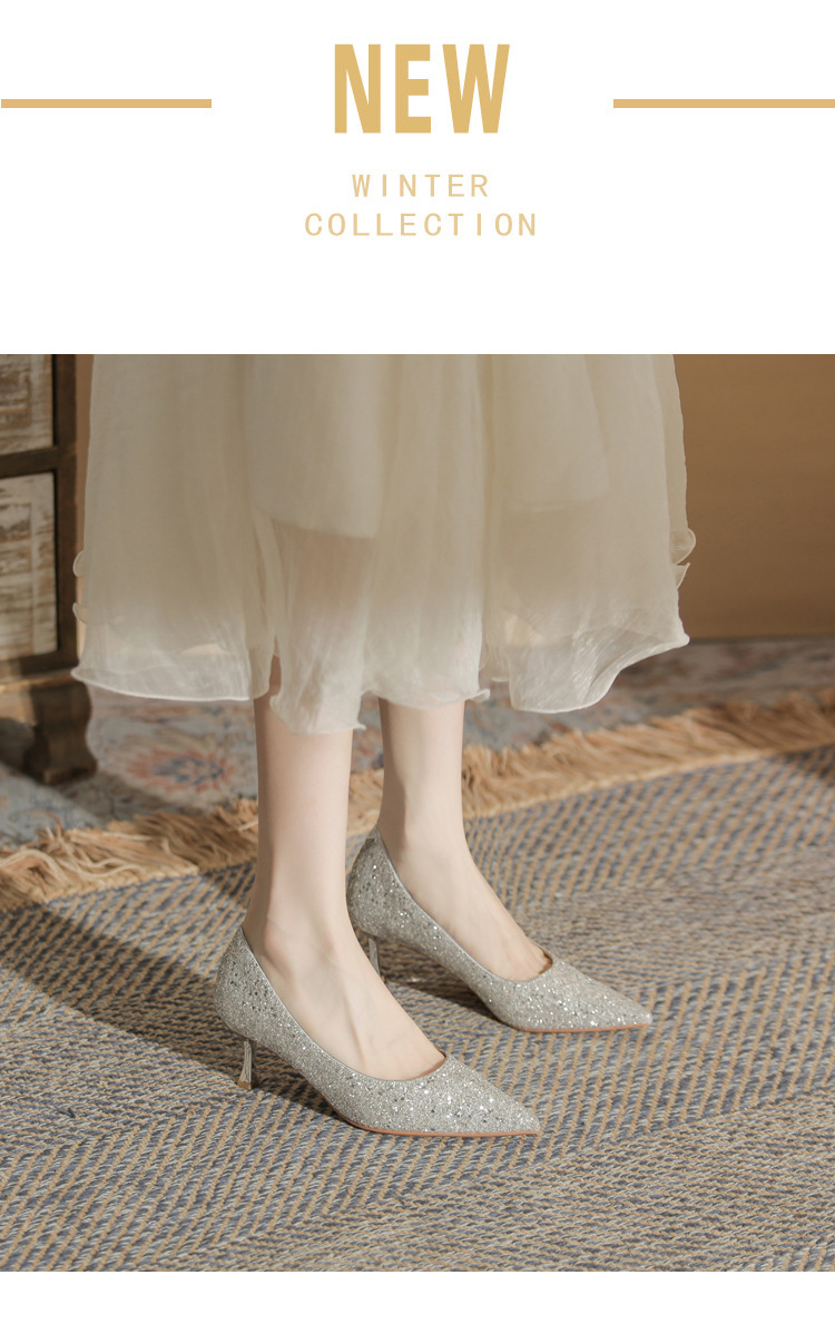 Giày cao gót mũi nhọn sequin lấp lánh CG6018 – miệng nông, gót nhọn — Màu Sâm panh chi tiết 2