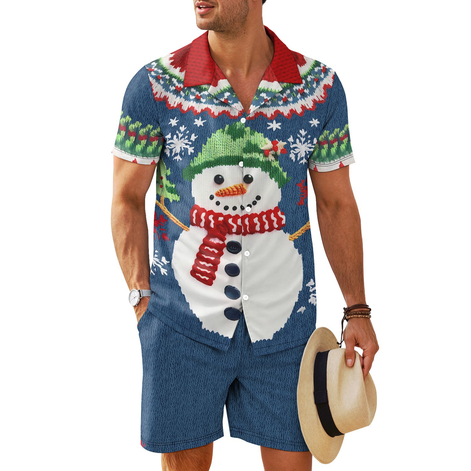 Transfronterizo 2025 nuevo estilo Amazon europeo y americano patrón de nieve cuello cubano camisa de manga corta pantalones cortos traje MB34 MA04