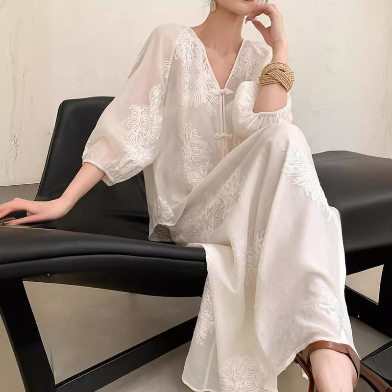 2025 New Summer Tea Style Outfits Organza New Chinese Style National Style Fashionable Fresh Travel Suit Dress