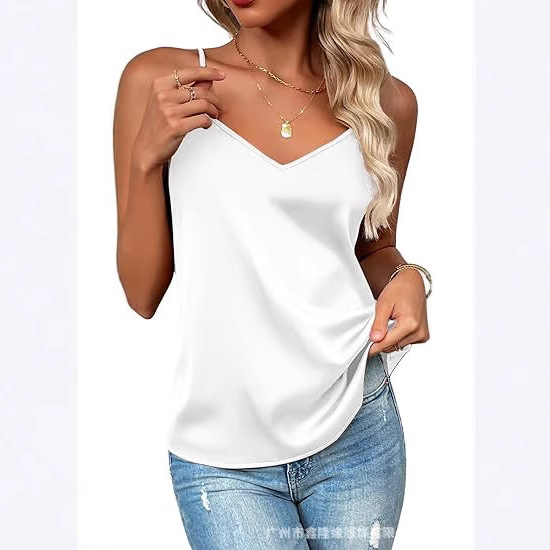 Women's Silk Satin Tank Top with V-Neck, Non-Adjustable Thin Straps, Sleeveless Camisole