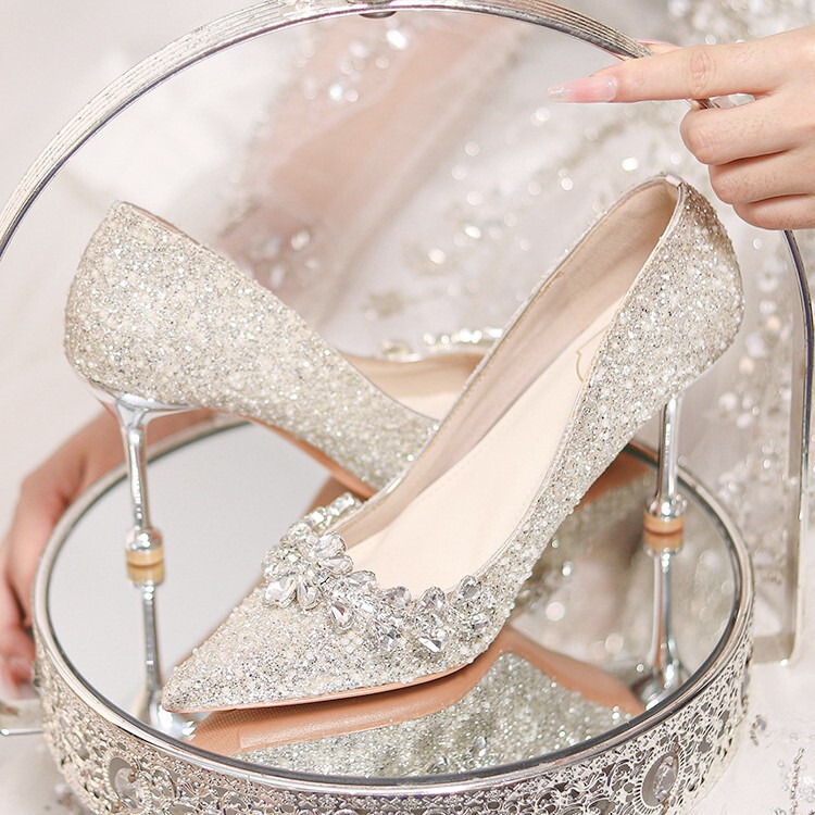 Bridal Shoes, Wedding Dress, Beautiful High Heels, Women's Stiletto Heels, Engagement Silver Wedding Shoes 2025 New Autum Crystal
