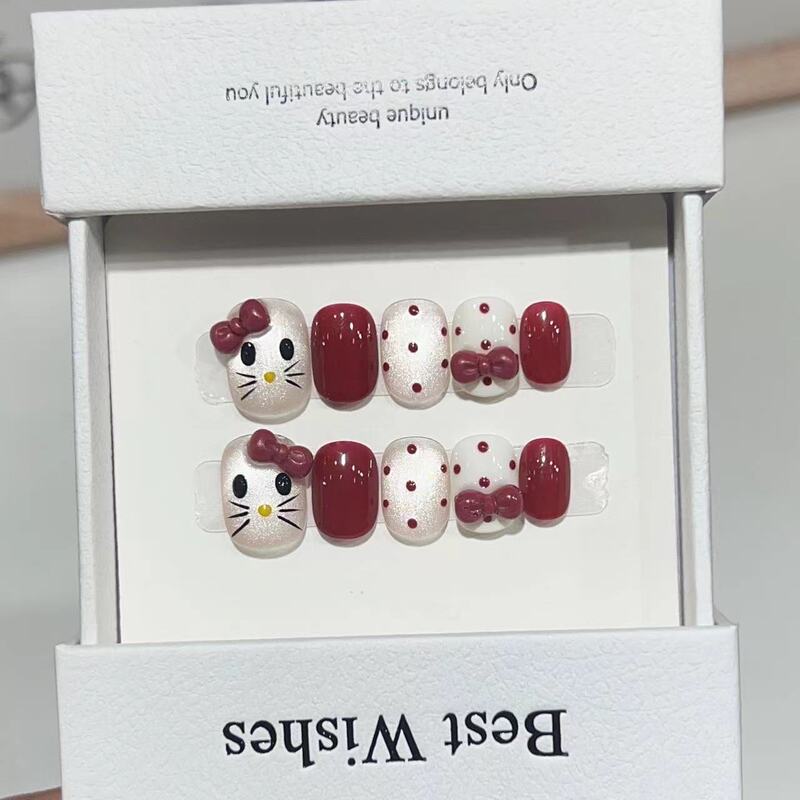 Handmade Armor Ins Cute Cat's Eye Kitty Cat Festive Red Holiday Nail Art False Nail Removable Nail Pieces
