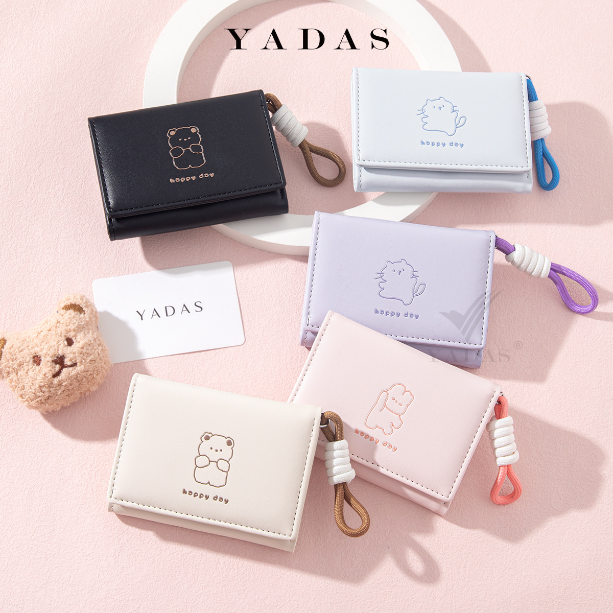 [Nudo Happy Bear] YADAS, tarjetero para mujer Xiaoxiang, billetera corta de tres pliegues de cuero PU de alta calidad
