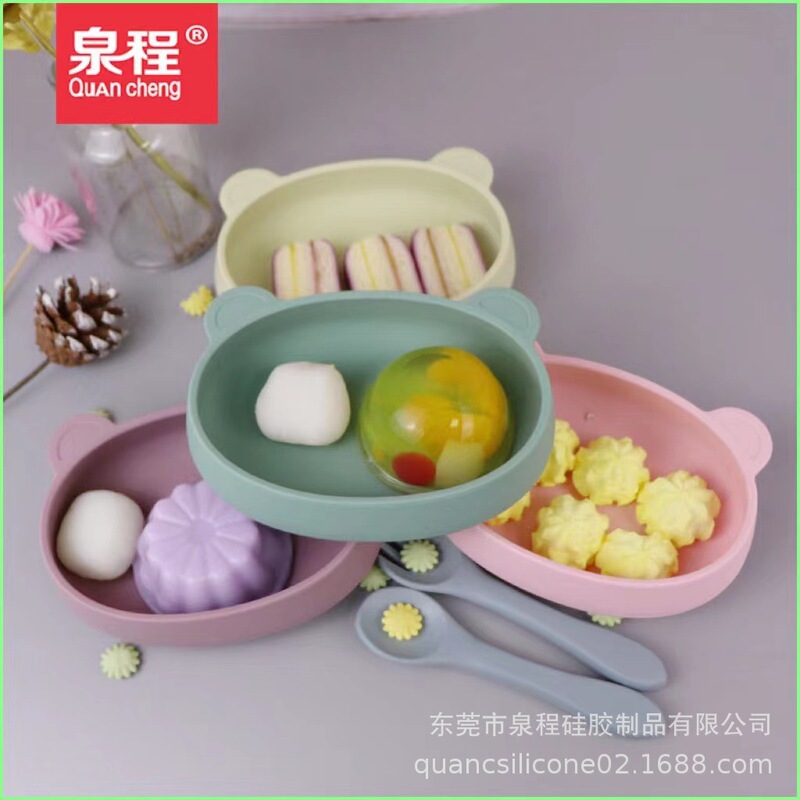 Children's silicone food supplement Bowl ins silicone baby plate drop-resistant cartoon learning to eat bear binaural tableware wholesale
