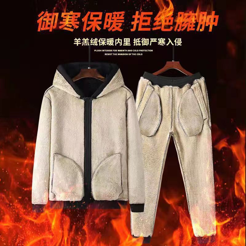 Trajes de cordero transfronterizos chaqueta caliente con capuzas para hombres con pantalones de cachemira de invierno más gruesos