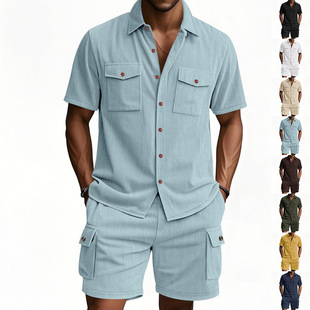 Cross-Border Amazon Summer Corduroy Work Shirt Suit Short-Sleeved Shorts Men's Outdoor Hunting Suit Men's Two-Piece Set