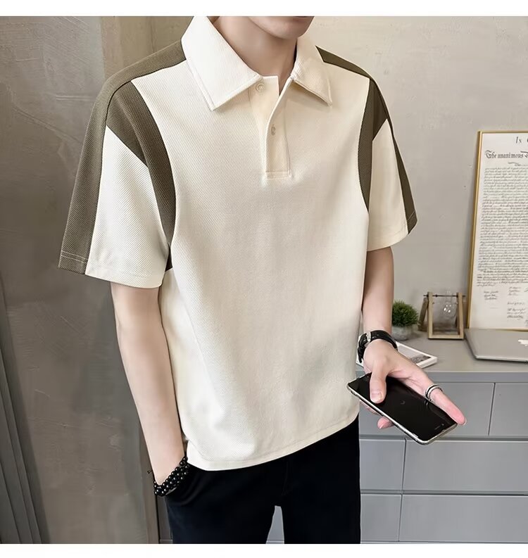 Herren Patchwork Polohemd Atmungsaktives Baumwoll Casual Shirt_voghion.com